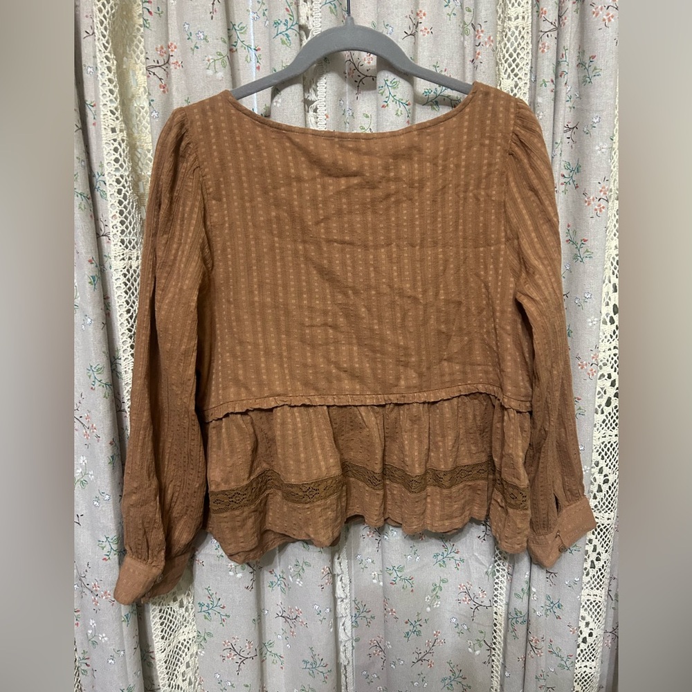 American Eagle Brown Lace Boho Babydoll Top Long Sleeve Size Medium - Picture 6 of 6
